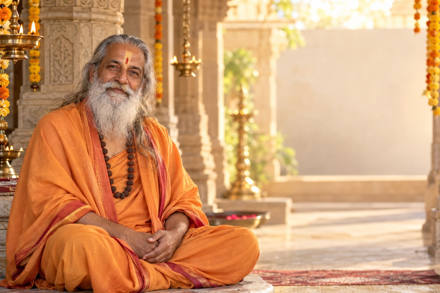 Illustrative Guruji in a sunlit temple, wearing traditional saffron robes